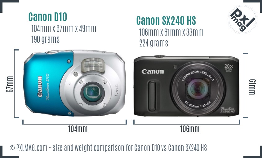 Canon D10 vs Canon SX240 HS size comparison