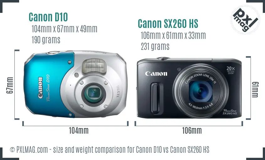 Canon D10 vs Canon SX260 HS size comparison