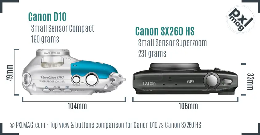 Canon D10 vs Canon SX260 HS top view buttons comparison