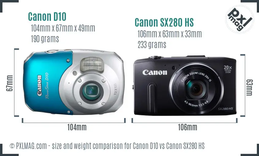Canon D10 vs Canon SX280 HS size comparison Canon D10 vs Canon SX280 HS size comparison