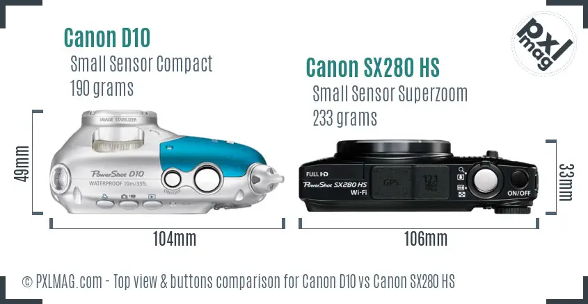 Canon D10 vs Canon SX280 HS top view buttons comparison Canon D10 vs Canon SX280 HS top view buttons comparison