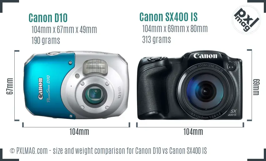Canon D10 vs Canon SX400 IS size comparison Canon D10 vs Canon SX400 IS size comparison