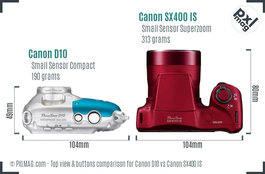 Canon D10 vs Canon SX400 IS top view buttons comparison
