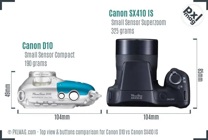 Canon D10 vs Canon SX410 IS top view buttons comparison Canon D10 vs Canon SX410 IS top view buttons comparison
