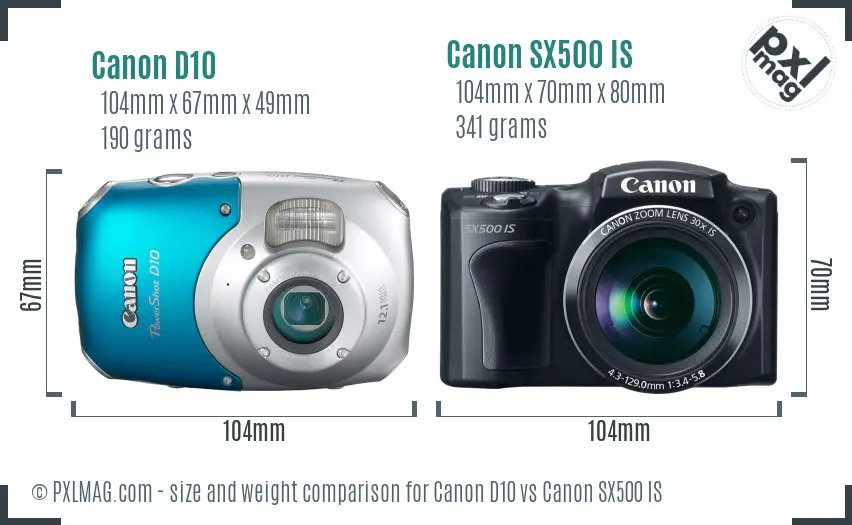 Canon D10 vs Canon SX500 IS size comparison