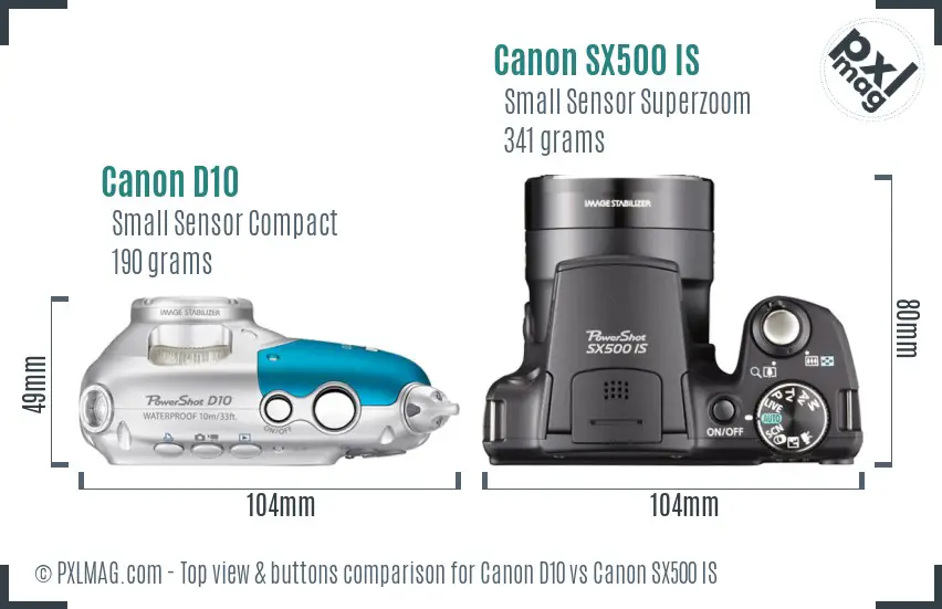 Canon D10 vs Canon SX500 IS top view buttons comparison