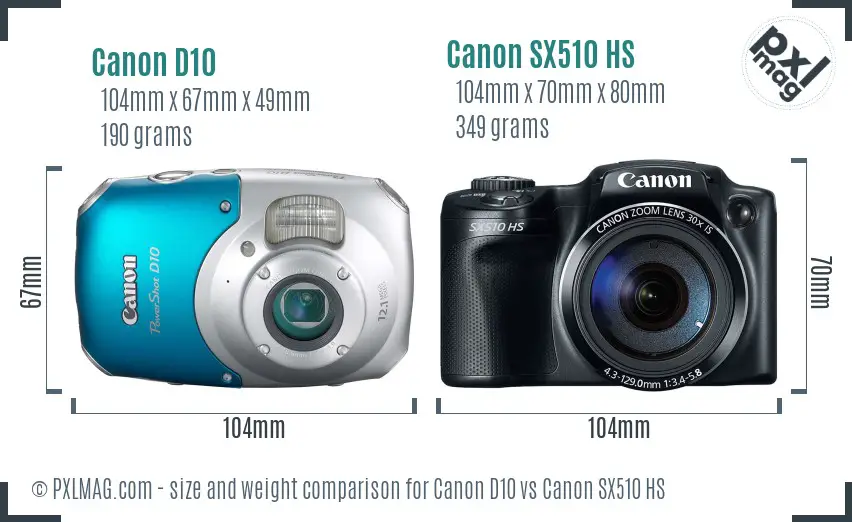Canon D10 vs Canon SX510 HS size comparison