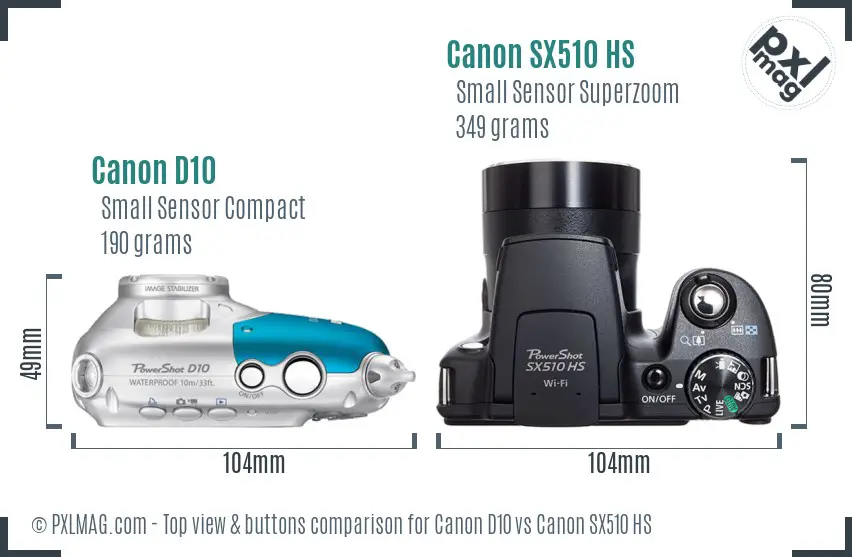 Canon D10 vs Canon SX510 HS top view buttons comparison