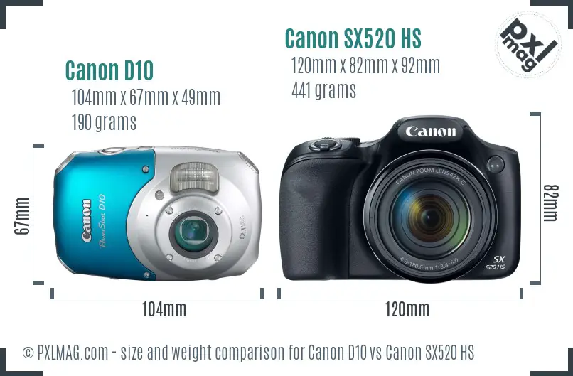 Canon D10 vs Canon SX520 HS size comparison