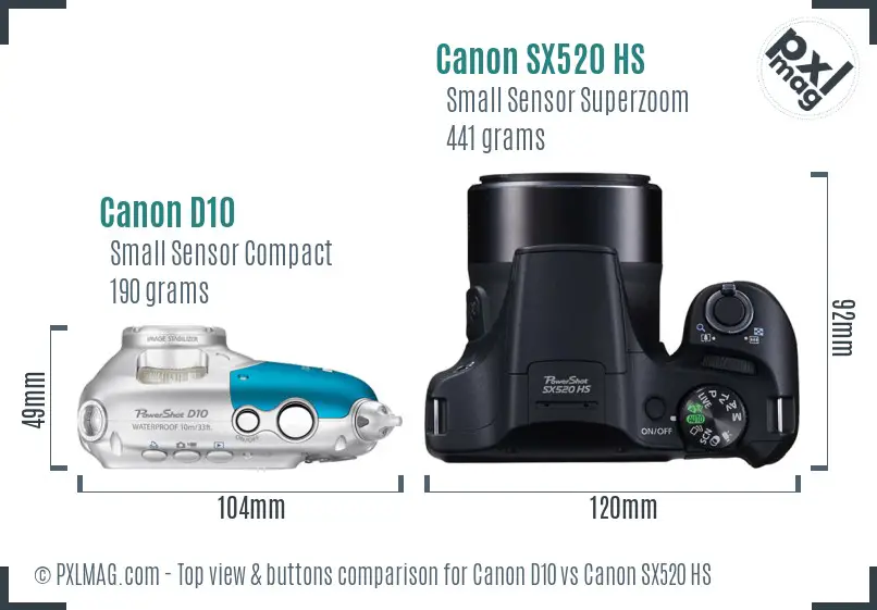 Canon D10 vs Canon SX520 HS top view buttons comparison