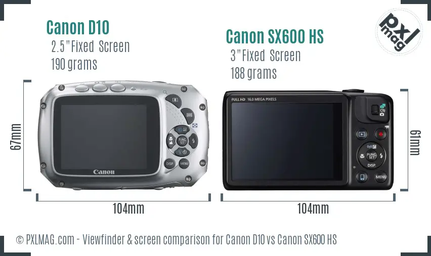 Canon D10 vs Canon SX600 HS Screen and Viewfinder comparison
