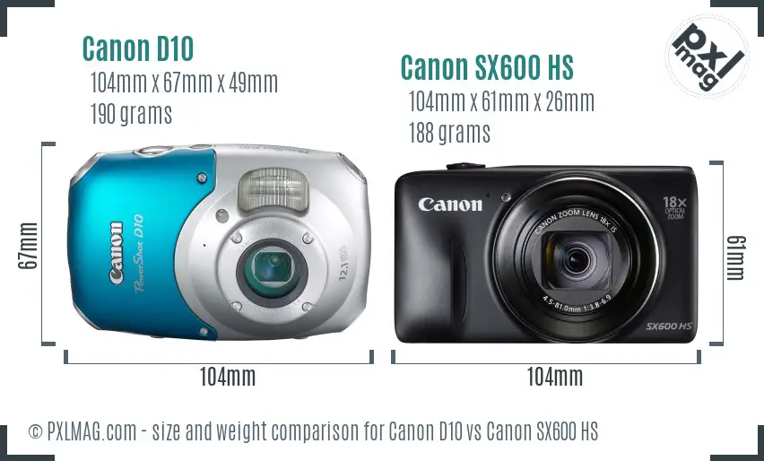 Canon D10 vs Canon SX600 HS size comparison