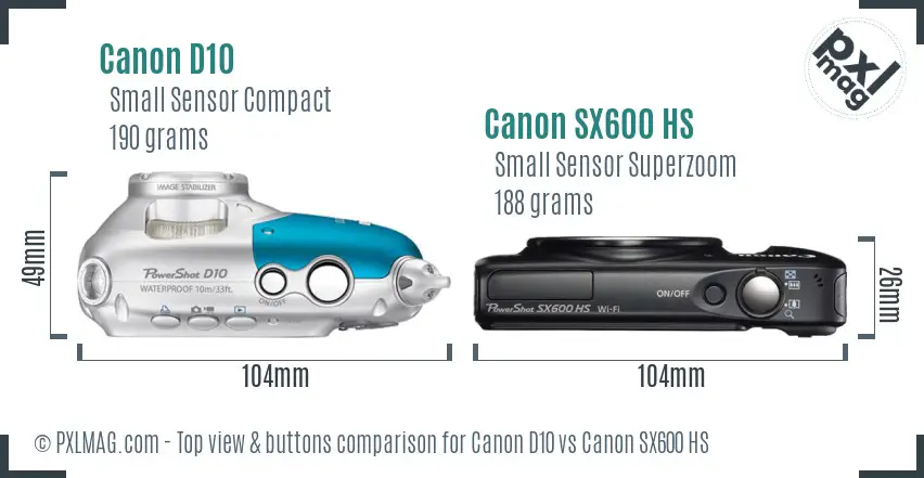 Canon D10 vs Canon SX600 HS top view buttons comparison
