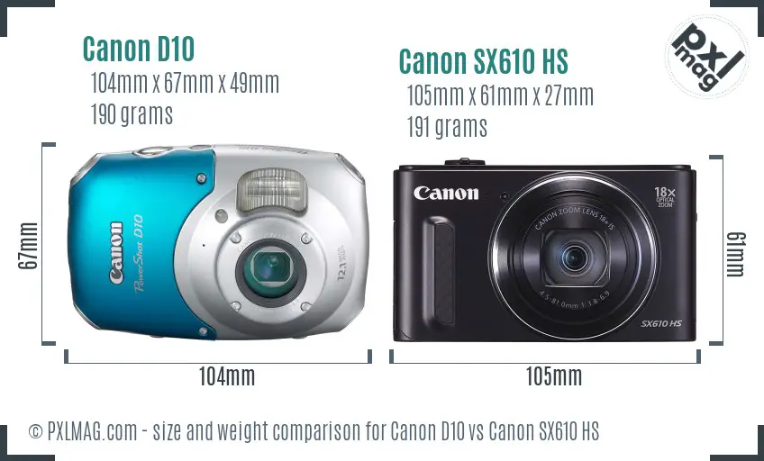 Canon D10 vs Canon SX610 HS size comparison Canon D10 vs Canon SX610 HS size comparison