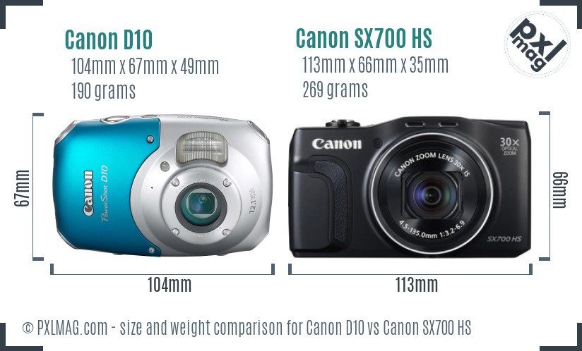 Canon D10 vs Canon SX700 HS size comparison