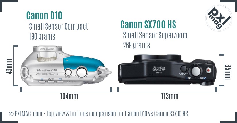 Canon D10 vs Canon SX700 HS top view buttons comparison