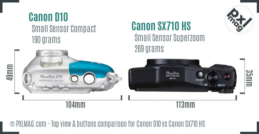 Canon D10 vs Canon SX710 HS top view buttons comparison