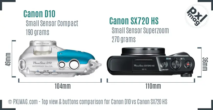 Canon D10 vs Canon SX720 HS top view buttons comparison