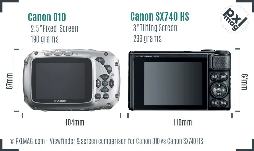 Canon D10 vs Canon SX740 HS Screen and Viewfinder comparison