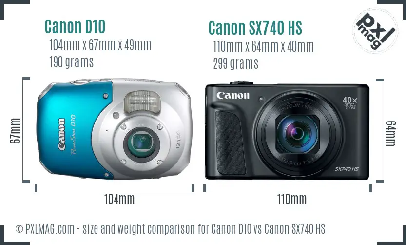 Canon D10 vs Canon SX740 HS size comparison