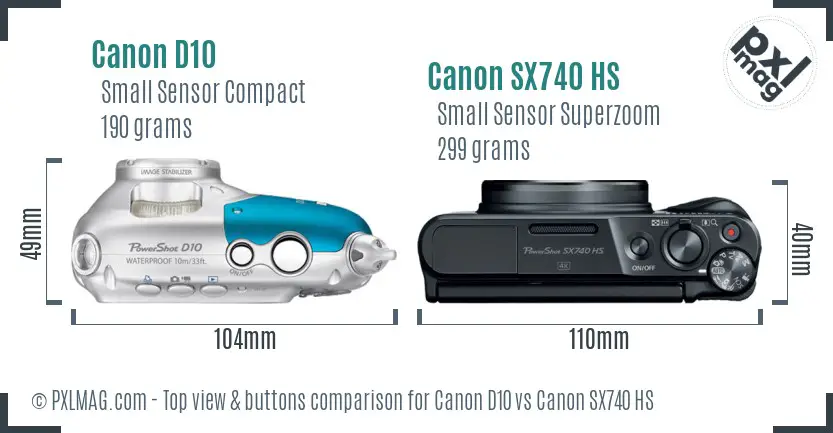 Canon D10 vs Canon SX740 HS top view buttons comparison
