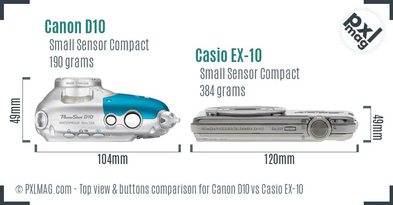 Canon D10 vs Casio EX-10 top view buttons comparison