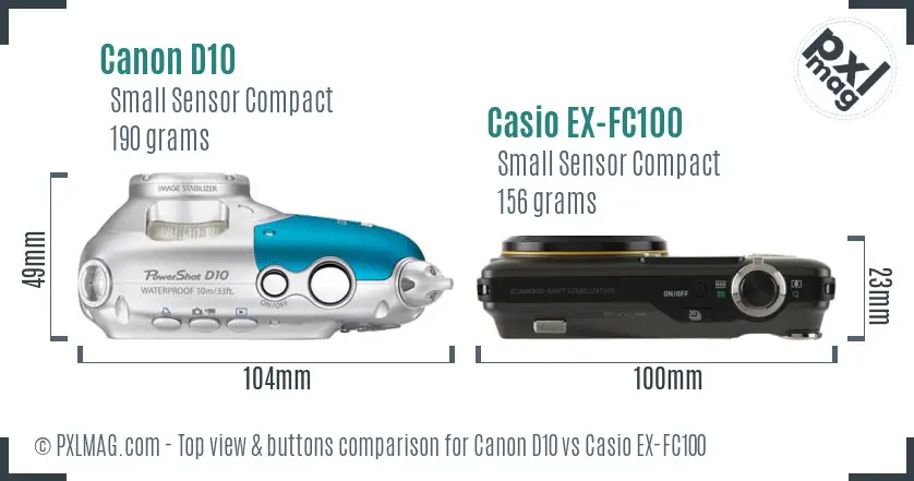 Canon D10 vs Casio EX-FC100 top view buttons comparison