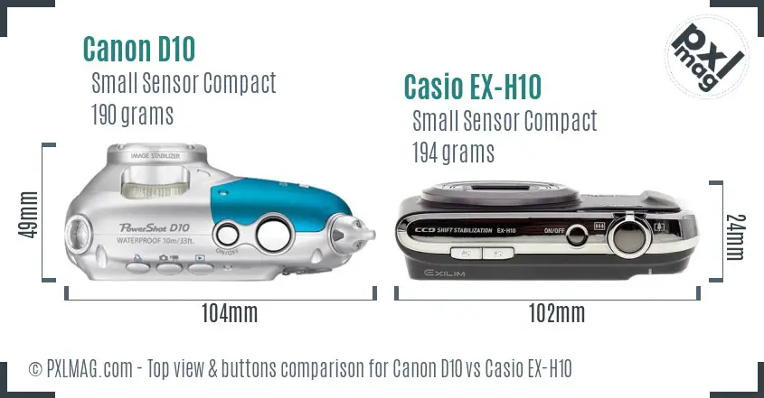 Canon D10 vs Casio EX-H10 top view buttons comparison Canon D10 vs Casio EX-H10 top view buttons comparison