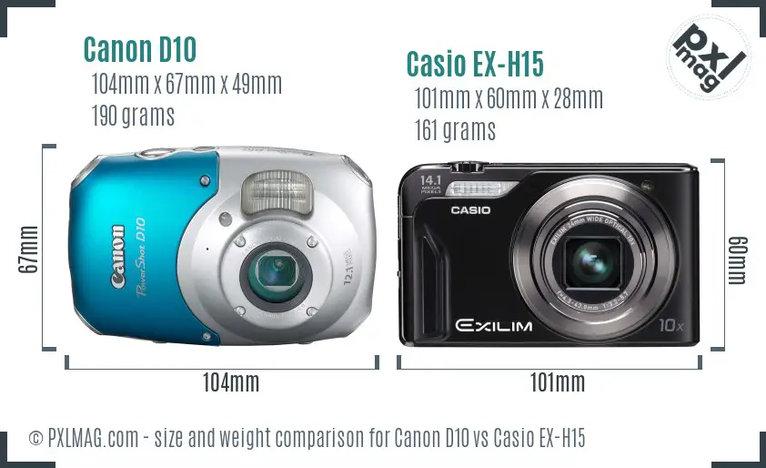 Canon D10 vs Casio EX-H15 size comparison