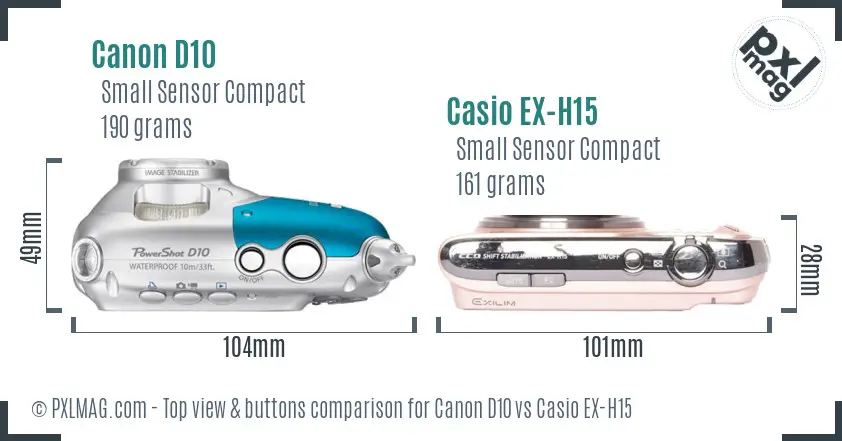 Canon D10 vs Casio EX-H15 top view buttons comparison