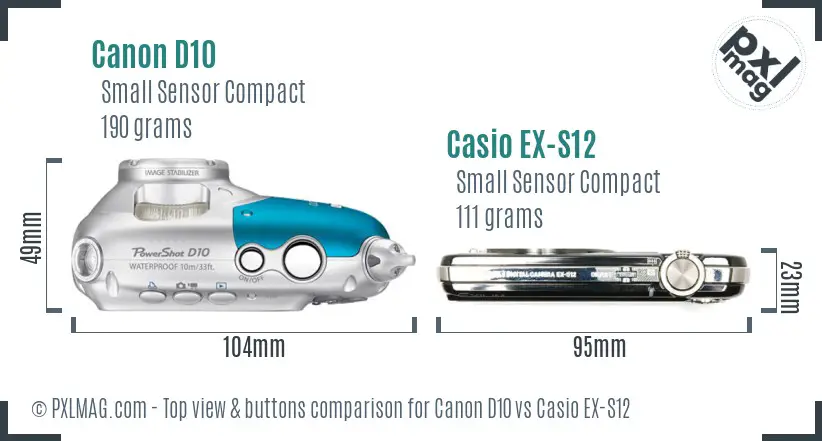 Canon D10 vs Casio EX-S12 top view buttons comparison