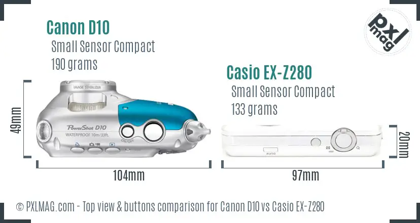 Canon D10 vs Casio EX-Z280 top view buttons comparison