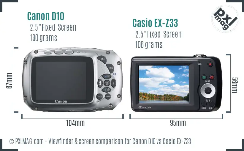 Canon D10 vs Casio EX-Z33 Screen and Viewfinder comparison