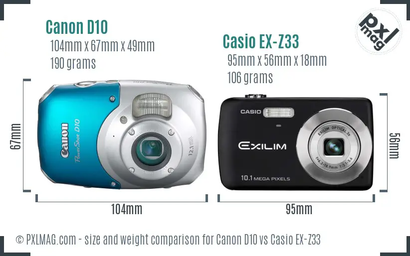 Canon D10 vs Casio EX-Z33 size comparison