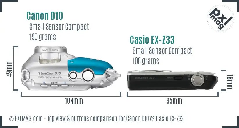 Canon D10 vs Casio EX-Z33 top view buttons comparison