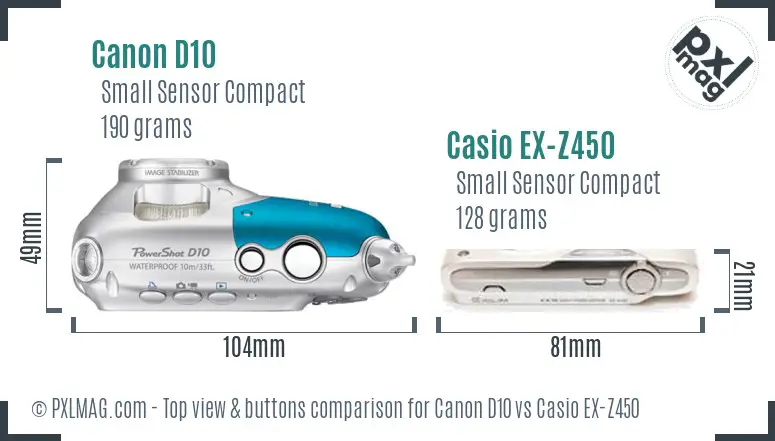 Canon D10 vs Casio EX-Z450 top view buttons comparison