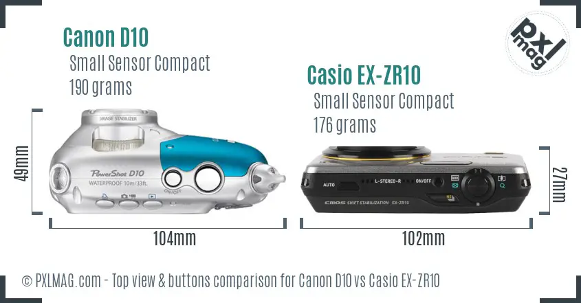 Canon D10 vs Casio EX-ZR10 top view buttons comparison