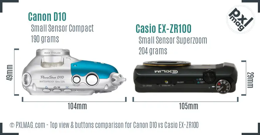 Canon D10 vs Casio EX-ZR100 top view buttons comparison Canon D10 vs Casio EX-ZR100 top view buttons comparison
