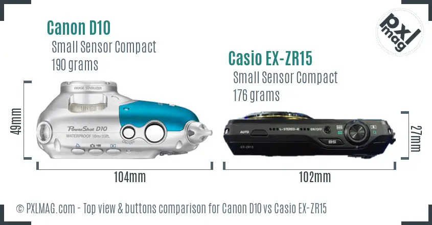 Canon D10 vs Casio EX-ZR15 top view buttons comparison Canon D10 vs Casio EX-ZR15 top view buttons comparison