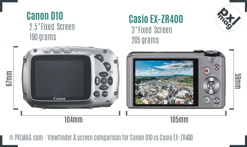 Canon D10 vs Casio EX-ZR400 Screen and Viewfinder comparison