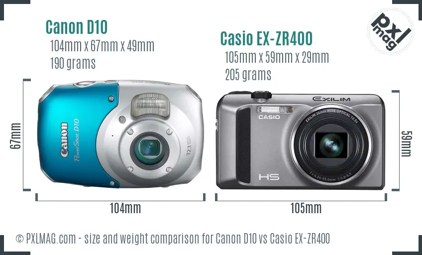 Canon D10 vs Casio EX-ZR400 size comparison