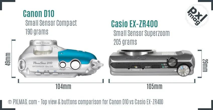Canon D10 vs Casio EX-ZR400 top view buttons comparison