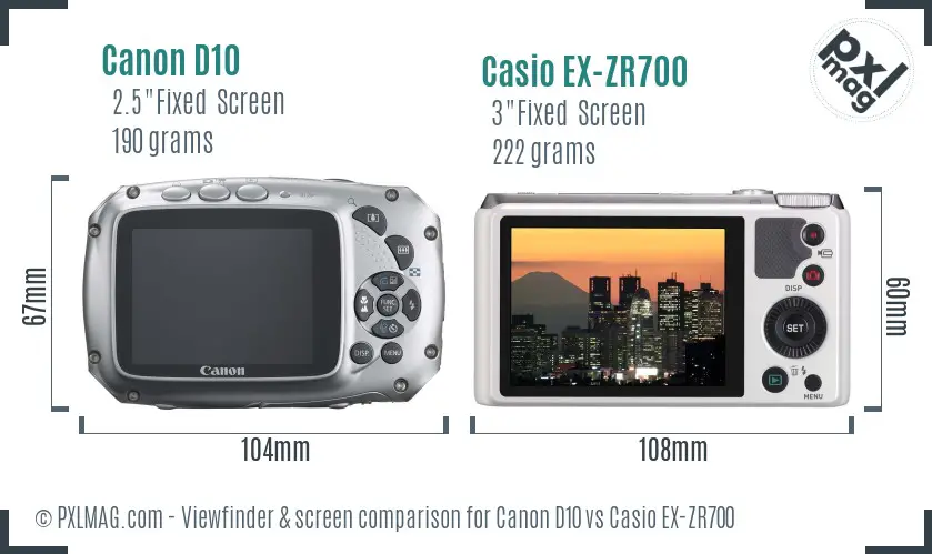 Canon D10 vs Casio EX-ZR700 Screen and Viewfinder comparison