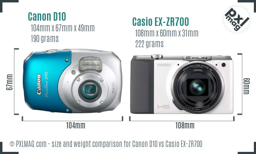 Canon D10 vs Casio EX-ZR700 size comparison