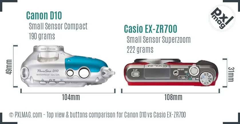 Canon D10 vs Casio EX-ZR700 top view buttons comparison