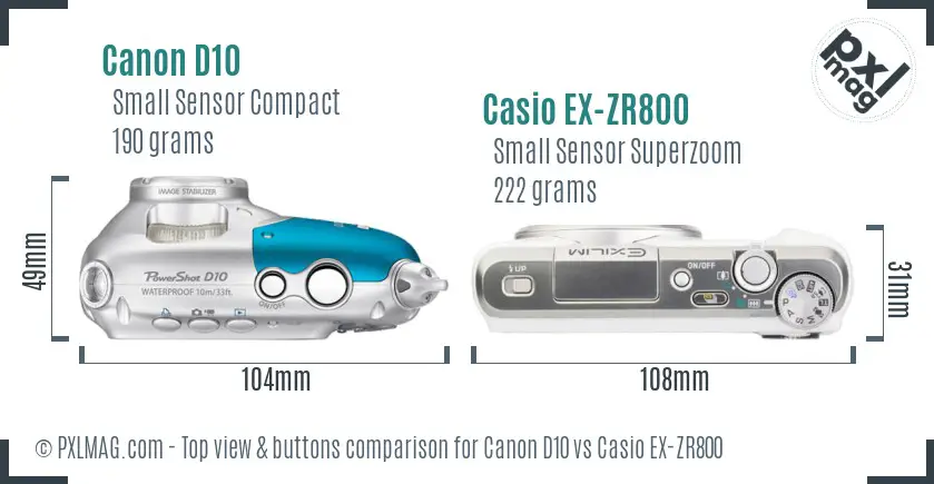 Canon D10 vs Casio EX-ZR800 top view buttons comparison