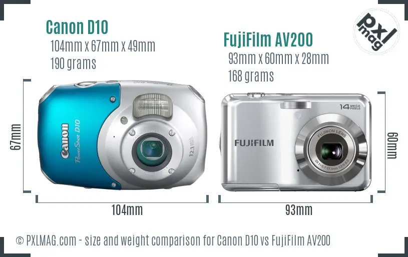 Canon D10 vs FujiFilm AV200 size comparison