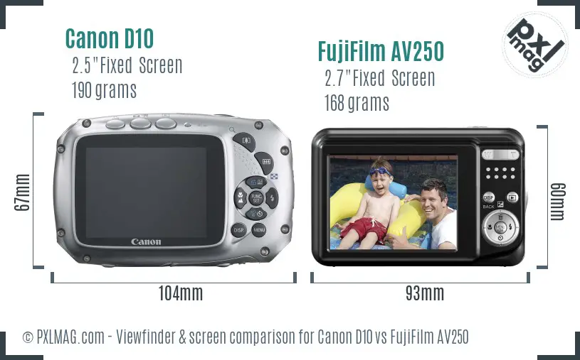 Canon D10 vs FujiFilm AV250 Screen and Viewfinder comparison