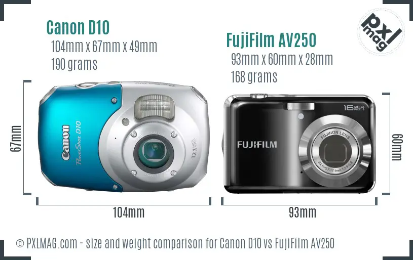 Canon D10 vs FujiFilm AV250 size comparison