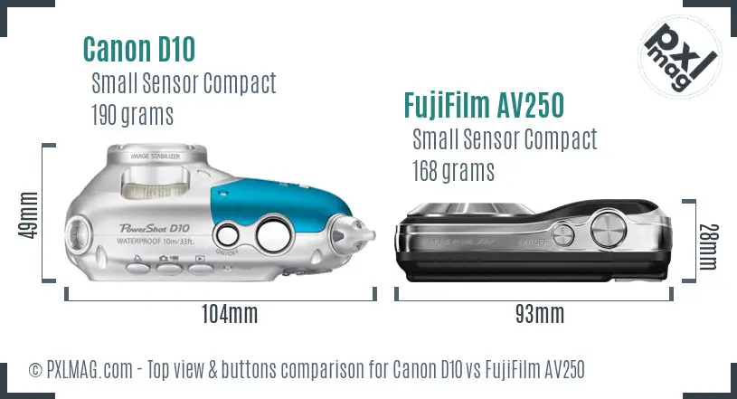 Canon D10 vs FujiFilm AV250 top view buttons comparison